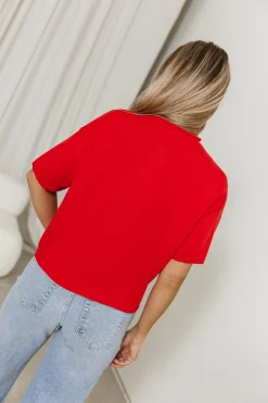 Fashion Worth Collective Emeryn 100% Cotton Short Sleeve Knit Cardigan in Red