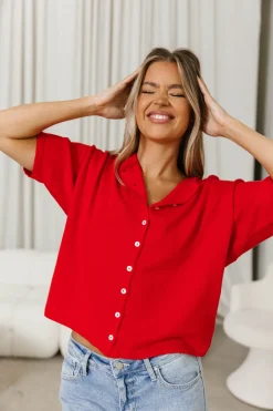 Fashion Worth Collective Emeryn 100% Cotton Short Sleeve Knit Cardigan in Red