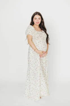 Discount Worth Collective Emilia 100% Cotton Smocked Maxi Dress in Ivory/Mauve Floral - Bump Fri
