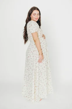 Discount Worth Collective Emilia 100% Cotton Smocked Maxi Dress in Ivory/Mauve Floral - Bump Fri