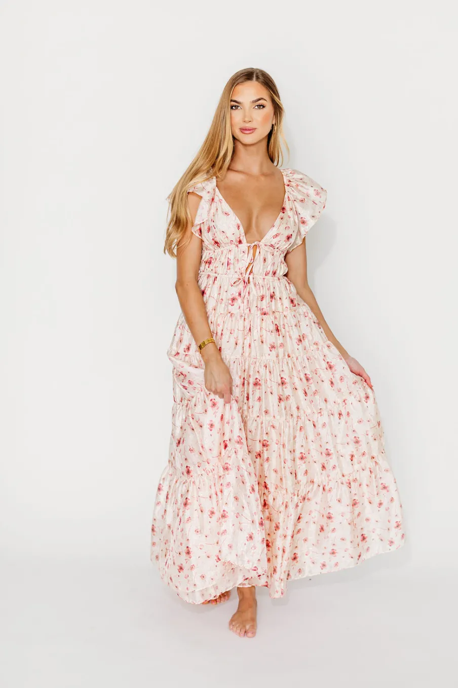 Online Worth Collective Enchanted Floral & Gingham Ruffled Maxi Dress in Pink Rose