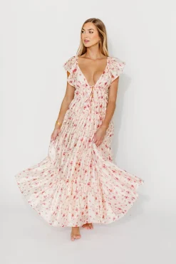 Online Worth Collective Enchanted Floral & Gingham Ruffled Maxi Dress in Pink Rose