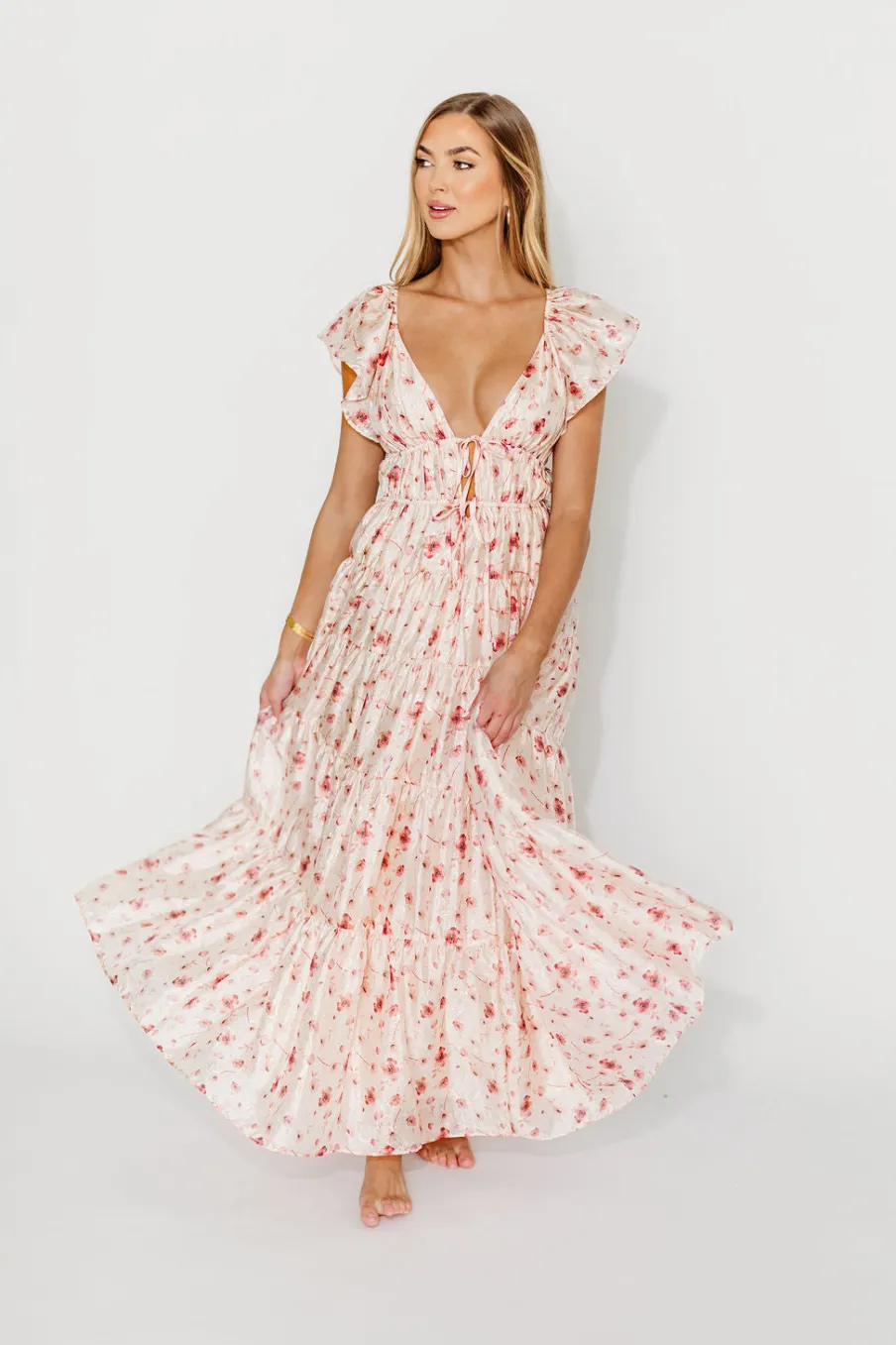Online Worth Collective Enchanted Floral & Gingham Ruffled Maxi Dress in Pink Rose