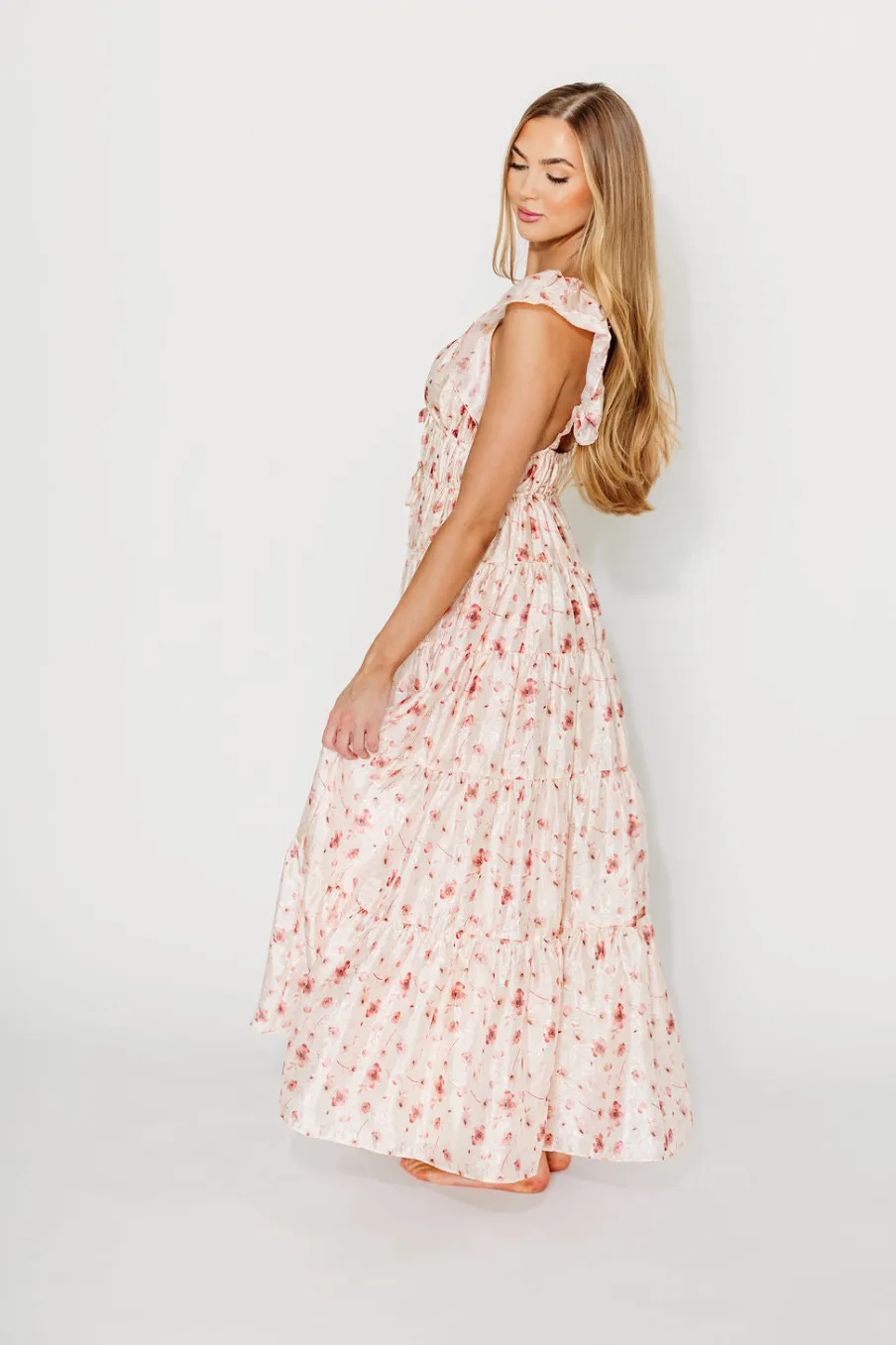 Online Worth Collective Enchanted Floral & Gingham Ruffled Maxi Dress in Pink Rose