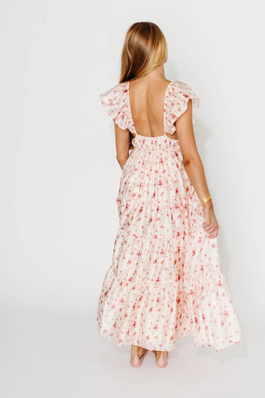 Online Worth Collective Enchanted Floral & Gingham Ruffled Maxi Dress in Pink Rose
