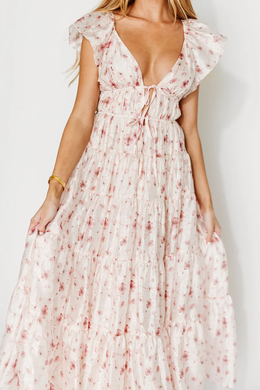 Online Worth Collective Enchanted Floral & Gingham Ruffled Maxi Dress in Pink Rose