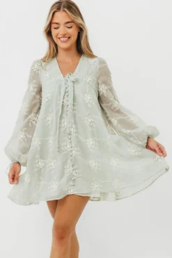 New Worth Collective Erika Embroidered Long Sleeve Mini Dress in Mint