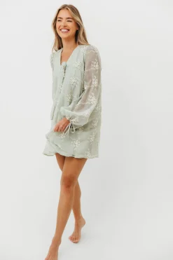 New Worth Collective Erika Embroidered Long Sleeve Mini Dress in Mint