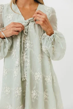 New Worth Collective Erika Embroidered Long Sleeve Mini Dress in Mint