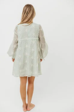 New Worth Collective Erika Embroidered Long Sleeve Mini Dress in Mint