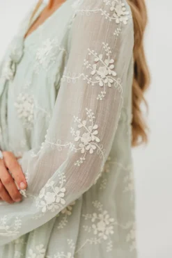 New Worth Collective Erika Embroidered Long Sleeve Mini Dress in Mint
