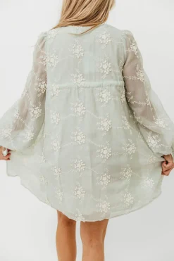 New Worth Collective Erika Embroidered Long Sleeve Mini Dress in Mint