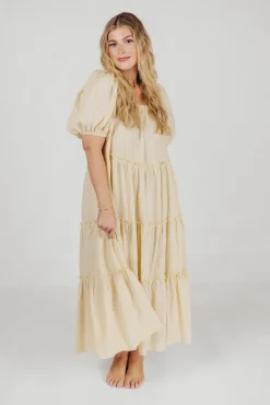 Discount Worth Collective Eva Puffed Sleeve Maxi Dress in Cream - Bump Friendly & Inclusive Sizi