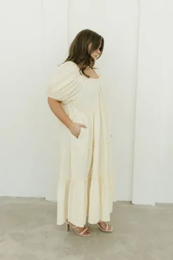 Discount Worth Collective Eva Puffed Sleeve Maxi Dress in Cream - Bump Friendly & Inclusive Sizi