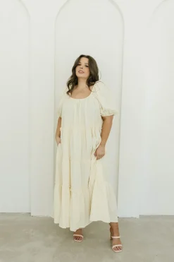Discount Worth Collective Eva Puffed Sleeve Maxi Dress in Cream - Bump Friendly & Inclusive Sizi