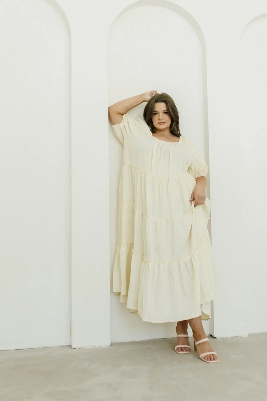 Discount Worth Collective Eva Puffed Sleeve Maxi Dress in Cream - Bump Friendly & Inclusive Sizi