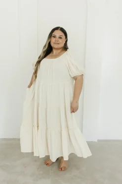 Discount Worth Collective Eva Puffed Sleeve Maxi Dress in Cream - Bump Friendly & Inclusive Sizi