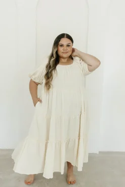 Discount Worth Collective Eva Puffed Sleeve Maxi Dress in Cream - Bump Friendly & Inclusive Sizi