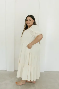 Discount Worth Collective Eva Puffed Sleeve Maxi Dress in Cream - Bump Friendly & Inclusive Sizi