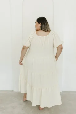 Discount Worth Collective Eva Puffed Sleeve Maxi Dress in Cream - Bump Friendly & Inclusive Sizi