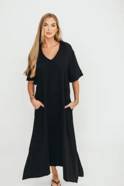 Clearance Worth Collective Fallon Linen-Blend Collared Midi Dress in Black - Bump Friendly