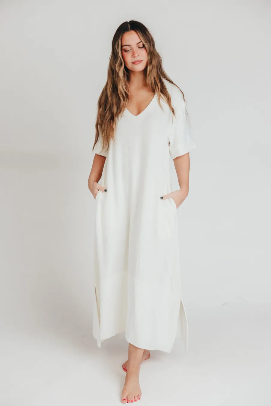 Best Worth Collective Fallon Linen-Blend Collared Midi Dress in Ivory - Bump Friendly