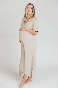 Online Worth Collective Fallon Linen-Blend Collared Midi Dress in Sand - Bump Friendly