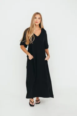 Clearance Worth Collective Fallon Linen-Blend Collared Midi Dress in Black - Bump Friendly