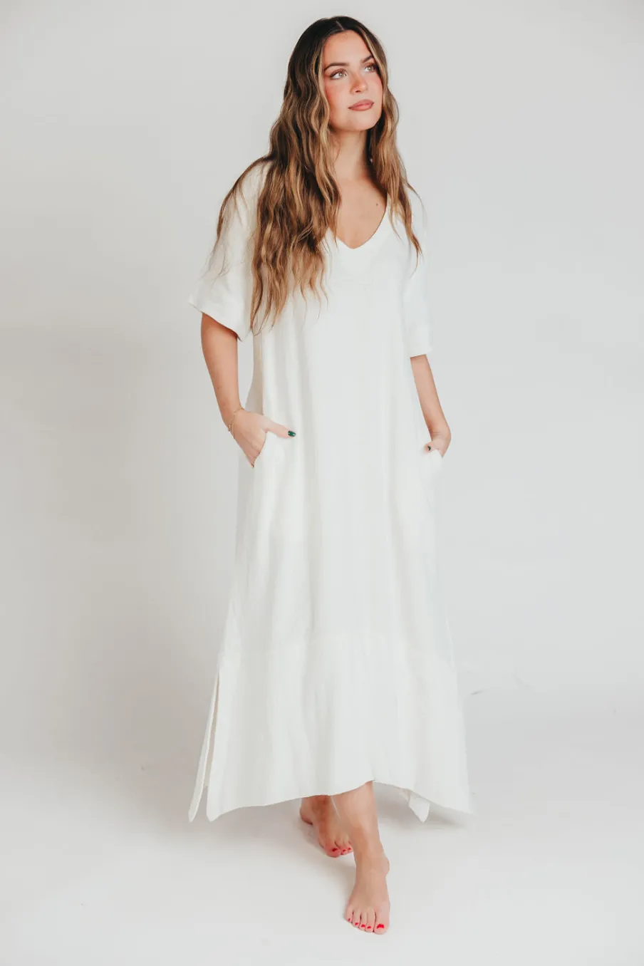 Best Worth Collective Fallon Linen-Blend Collared Midi Dress in Ivory - Bump Friendly