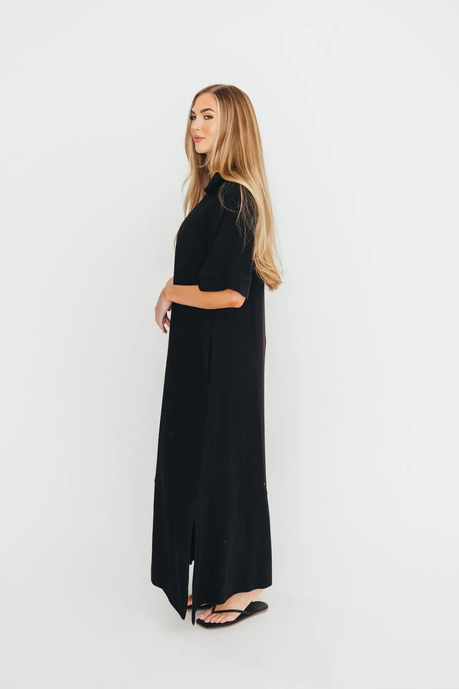 Clearance Worth Collective Fallon Linen-Blend Collared Midi Dress in Black - Bump Friendly