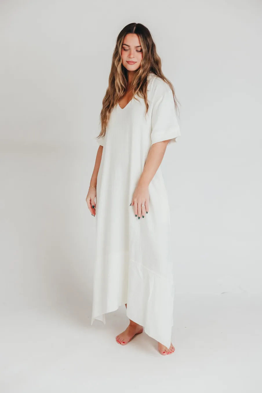 Best Worth Collective Fallon Linen-Blend Collared Midi Dress in Ivory - Bump Friendly