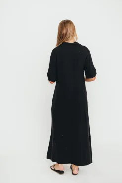 Clearance Worth Collective Fallon Linen-Blend Collared Midi Dress in Black - Bump Friendly