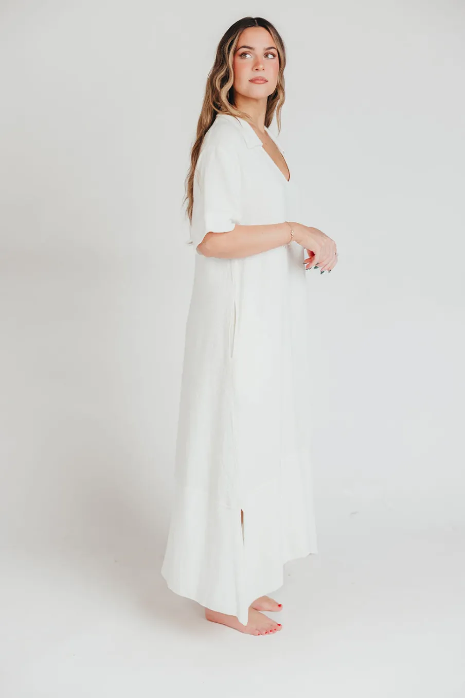 Best Worth Collective Fallon Linen-Blend Collared Midi Dress in Ivory - Bump Friendly