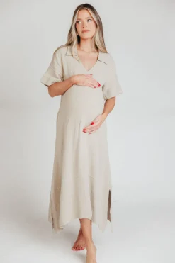 Online Worth Collective Fallon Linen-Blend Collared Midi Dress in Sand - Bump Friendly