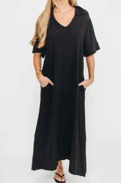 Clearance Worth Collective Fallon Linen-Blend Collared Midi Dress in Black - Bump Friendly