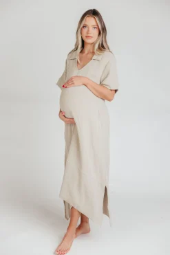 Online Worth Collective Fallon Linen-Blend Collared Midi Dress in Sand - Bump Friendly