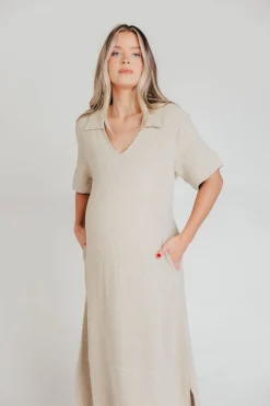 Online Worth Collective Fallon Linen-Blend Collared Midi Dress in Sand - Bump Friendly