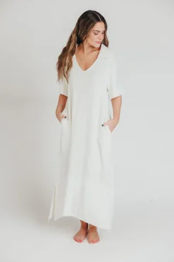 Best Worth Collective Fallon Linen-Blend Collared Midi Dress in Ivory - Bump Friendly