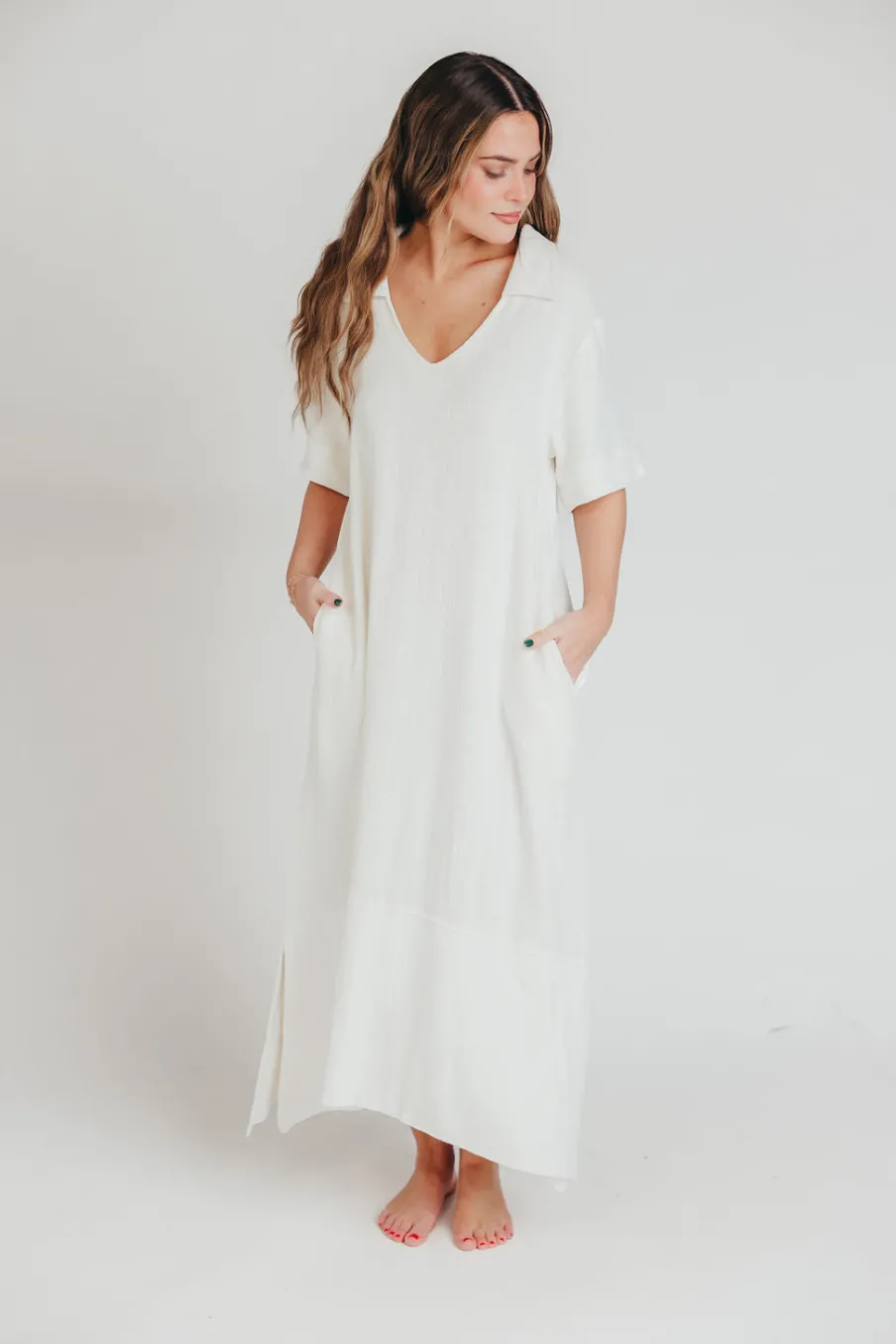 Best Worth Collective Fallon Linen-Blend Collared Midi Dress in Ivory - Bump Friendly