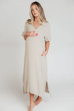Online Worth Collective Fallon Linen-Blend Collared Midi Dress in Sand - Bump Friendly