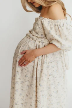 Fashion Worth Collective Finley 100% Cotton Peplum Midi Dress in Ivory/Blue - Bump & Nursing Fr
