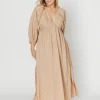 Hot Worth Collective Finn V-Neck Midi Dress in Taupe