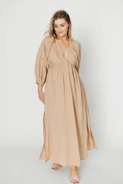 Hot Worth Collective Finn V-Neck Midi Dress in Taupe