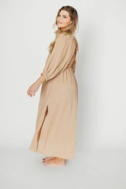 Hot Worth Collective Finn V-Neck Midi Dress in Taupe