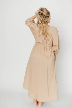Hot Worth Collective Finn V-Neck Midi Dress in Taupe