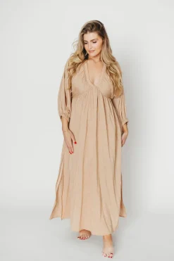Hot Worth Collective Finn V-Neck Midi Dress in Taupe