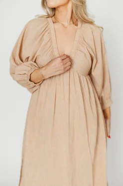 Hot Worth Collective Finn V-Neck Midi Dress in Taupe