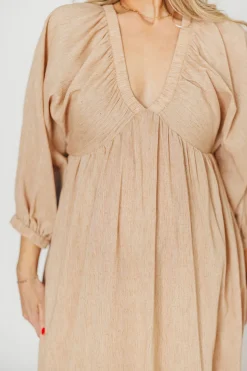 Hot Worth Collective Finn V-Neck Midi Dress in Taupe