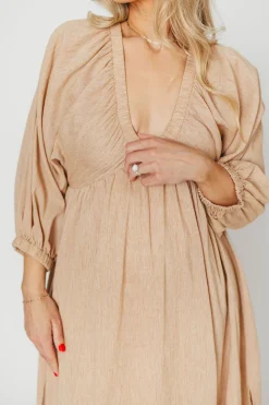 Hot Worth Collective Finn V-Neck Midi Dress in Taupe