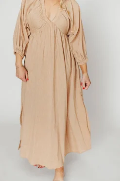 Hot Worth Collective Finn V-Neck Midi Dress in Taupe